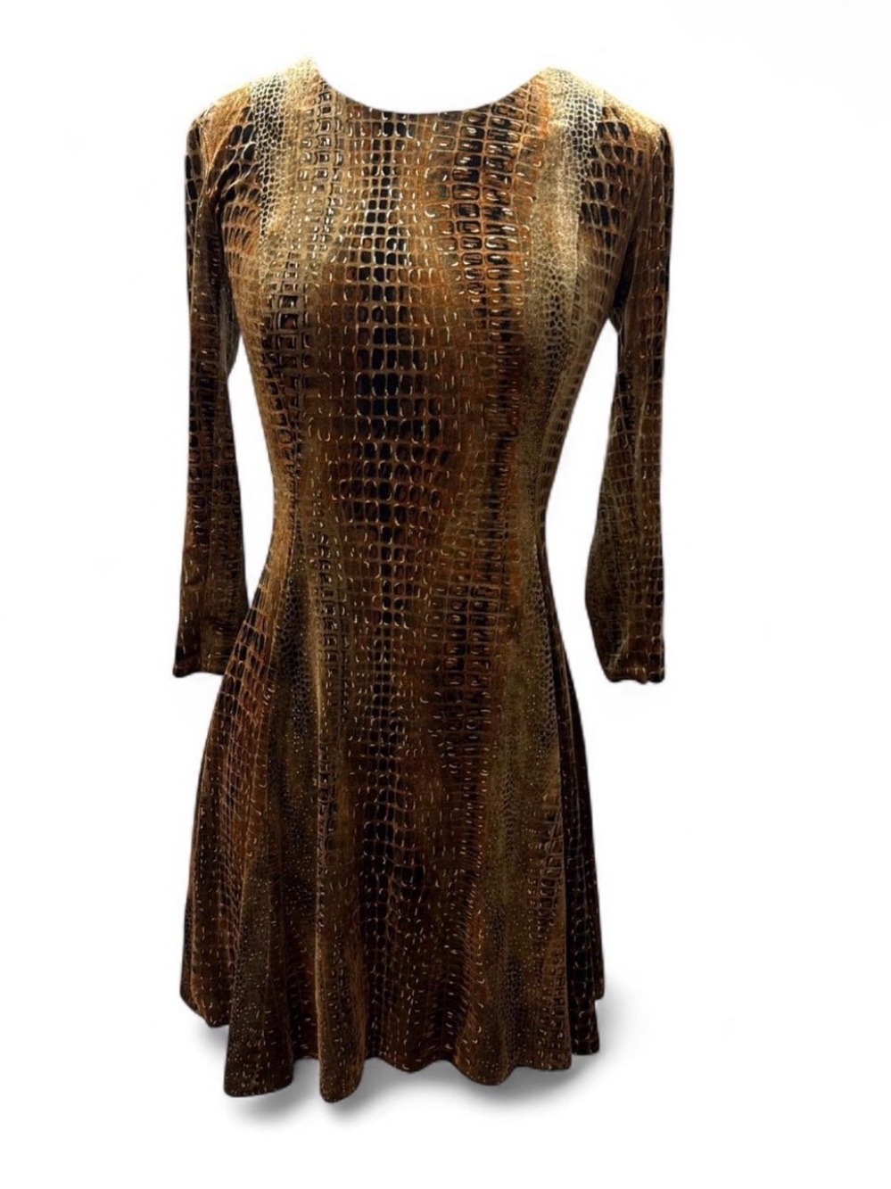 Burnout velvet Brown Snake-Print 3/4 sleeve Fit & Flare stretch Dress gold